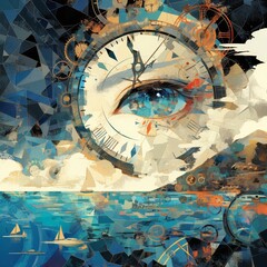 An artistic collage featuring elements like the ocean, clocks and various shapes symbolizing time in a creative design style. 