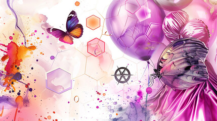 Luxurious masquerade ball with silk-like liquid gowns, hexagonal mask patterns, an elegant butterfly, a masquerade compass, and mysterious acrylic watercolor balloons with powdered color masks
