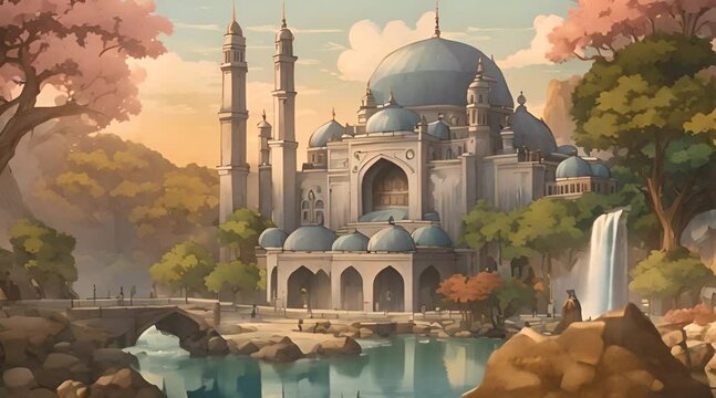Anime Oasis - Animation of a Beautiful Mosque with Waterfalls