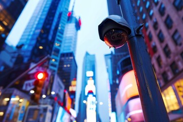 a modern, high-tech surveillance camera mounted on a sleek metal pole in an urban setting.