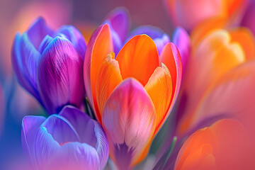 Close-up of orange and purple saffron flowers - obrazy, fototapety, plakaty
