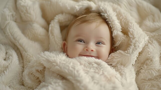 Portrait a cute smiling baby wrapped in a soft furry white blanket or towel. AI generated image