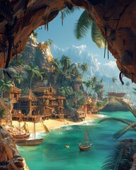 Naklejka premium Capture the essence of a secretive pirate haven through a unique eye-level angle Infuse the image with elements like pirate crew members, hidden maps, and a windswept beach to create a sense of myster