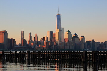 One World Trade Center and skyline panorama of downtown Financial District and the Lower Manhattan in New York