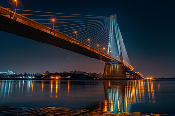 Obraz premium Large bridge illuminated over water at night