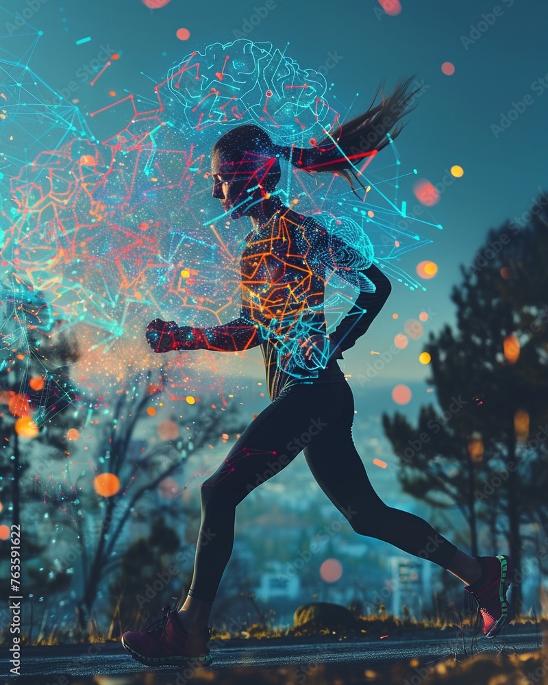 Poster design a dynamic and engaging image showing a low-angle view of a person exercising, with colorful b