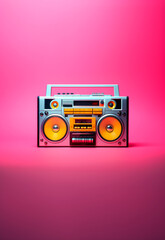 A blue boombox with a pink background