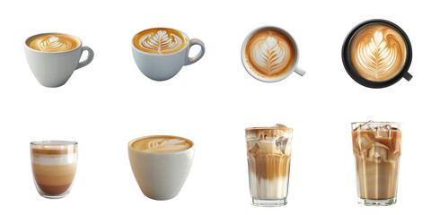 Latte coffee png isolated set in 3d transparent using for presentation.