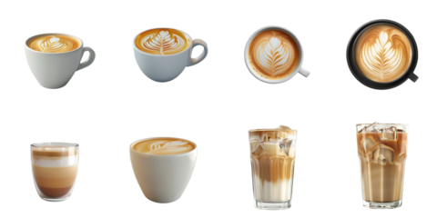 Latte coffee png isolated set in 3d transparent using for presentation.