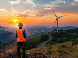 A woman hiker stands on a grassy mountain admiring the view as wind turbines harness energy from the setting sun