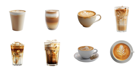 Latte coffee transparent collection set in png no background for decoration.