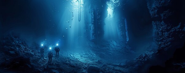 Illustrate a scene where a team of deep-sea explorers uncovers ancient ruins or artifacts from an undiscovered civilization under the sea Capture the moment of awe and mystery as they illuminate the d - obrazy, fototapety, plakaty