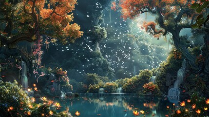 Illustrate an enchanting landscape from above, delving into the depths of surreal dreams Embrace the challenge of combining whimsical elements with a touch of mystery to create a truly mesmerizing ima - obrazy, fototapety, plakaty