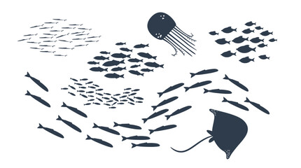Set of schools of  fish. Flock of fishes in the doodle style.
