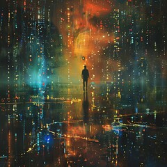 Illustrate the confrontation of ethical choices in AI through a captivating image of a human figure standing amidst a sea of data streams manipulated by AI algorithms The juxtaposition conveys the pow - obrazy, fototapety, plakaty