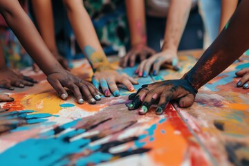 A close-up of diverse hands painting together, creating a vibrant art mural - obrazy, fototapety, plakaty