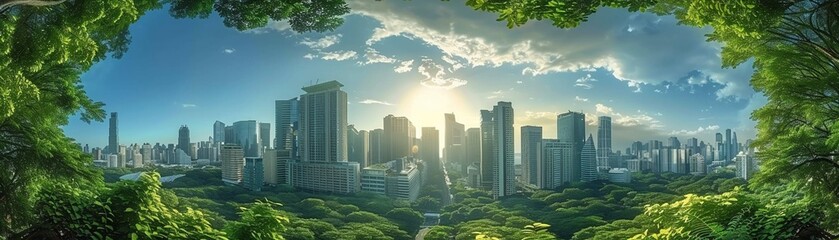 Incorporate a unique perspective, capturing the juxtaposition of urban infrastructure and lush greenery to highlight the integration of nature into the city Show how these initiatives contribute to a  - obrazy, fototapety, plakaty