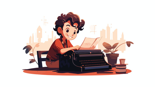Curly smiling boy making text on typewriter flat 