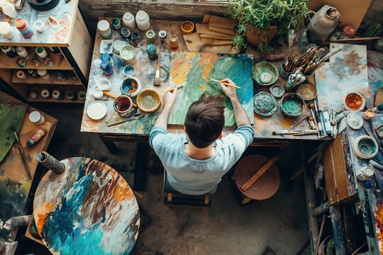 Aerial view of an artist painting on a canvas surrounded by a palette of colors