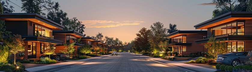 Visualize a serene suburban neighborhood at dusk, showcasing how nanotechnology has revolutionized energy efficiency and sustainability through solar-powered homes and eco-friendly smart gadgets - obrazy, fototapety, plakaty