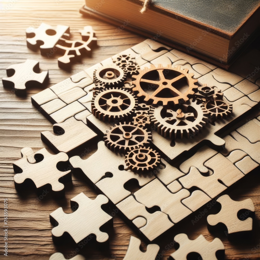 Poster wooden gear puzzle pieces next to an open book on a table, illustrating the concept of learning thro