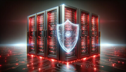 Advanced server racks under a semi-transparent red holographic shield symbolizing cybersecurity.