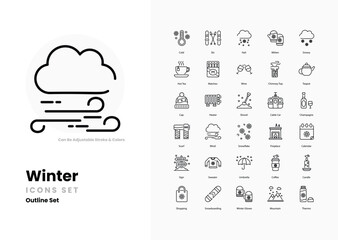 winter icon set Snowflake, hot cocoa, mittens, snowman, icicles, sled, frost, polar bear, winter hat, scarf, snow globe, fireplace, penguin, chilly, frosty, snow vector illustration