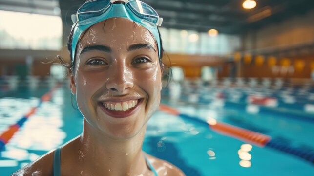 Portrait happy smiling young female sport athlete get photo on swimming pool. AI generated image