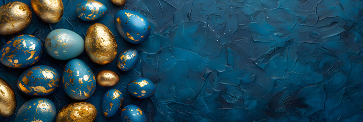 Gold and blue Easter eggs with pattern on textured navy background. Happy Easter concept. Simple...