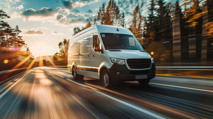 White modern delivery small shipment cargo courier van moving fast on motorway road to city - 763593674
