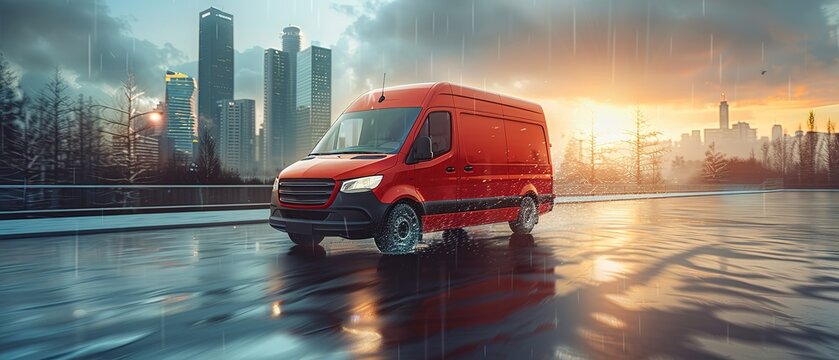 Red modern delivery small shipment cargo courier van moving fast on motorway road to city
