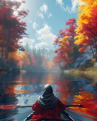 A person in a red jacket paddles a canoe on the river - obrazy, fototapety, plakaty