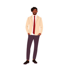 Vector illustration of a stylish and handsome black man. Cartoon scene of a bearded man with curly hair, wearing white jacket, shirt and red tie, pants, shoes isolated on white background.