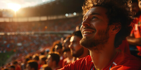 A jubilant crowd of football fans bathed in sunset light cheers in a packed stadium.