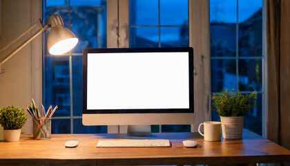 A modern home office in the evening with a PC computer mockup on a table against the window.