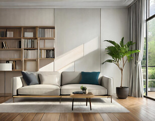 A minimal living room with a sofa, wall shelves, a large window, a parquet floor, and a white wall.