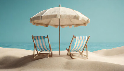 Fototapeta na wymiar Beach umbrella with chairs and sand on pastel blue background. summer vacation concept. 3d rendering
