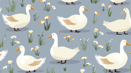 Cute goose seamless pattern. Adorable farm birds. D - obrazy, fototapety, plakaty