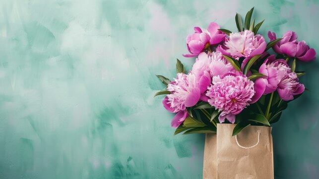 Beautiful pink purple peony bouquet in paper bag copy space background. AI generated image