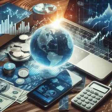 This conceptual image visualizes a holographic display of the global economy with a transparent globe on a laptop. Coins, financial charts, and calculators symbolize the extensive analytics of global