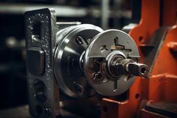 Fototapeta premium Close-up Image of a Cam Lock on a Workshop Table Surrounded by Various Industrial Tools