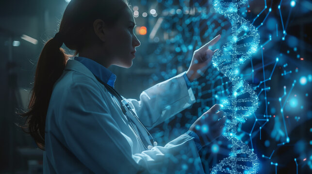 Scientist, doctor investigates holographic image of DNA strand, AND chromosomes, genetic engineering, research, longevity extension