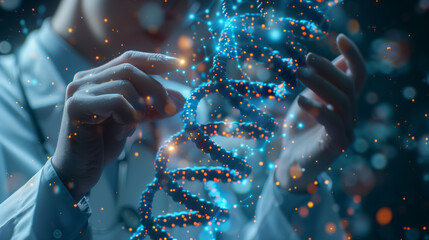 Scientist, doctor investigates holographic image of DNA strand, AND chromosomes, genetic engineering, research, longevity extension - obrazy, fototapety, plakaty