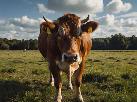 An adult large cow is white and brown in color. Cattle. Animals on the farm. Rural fauna. Mammals.