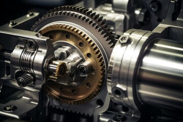 An intricate look at a metal cam positioned among gears and levers under the stark light of an industrial workspace