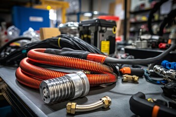 Intricate View of a Coiled Pneumatic Hose Amidst Various Tools in an Industrial Workshop Setting