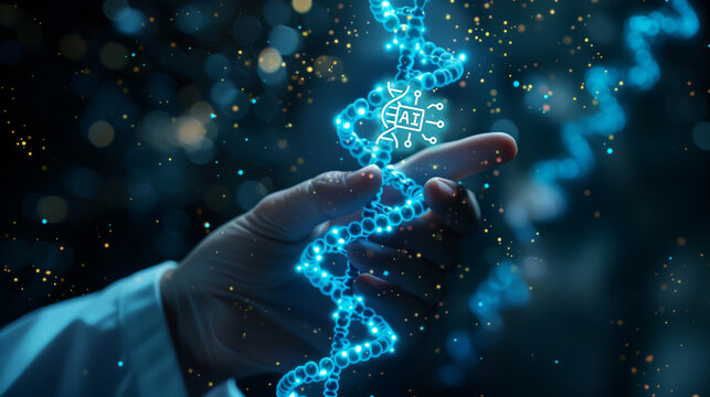 Scientist, doctor investigates holographic image of DNA strand, AND chromosomes, genetic engineering, research, longevity extension