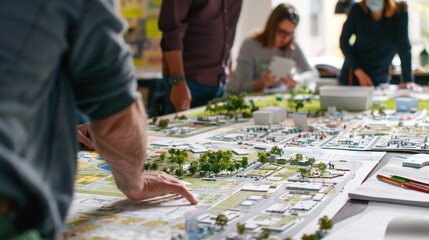 Fototapeta premium Close-up of eco-architects collaborating over a large drafting table