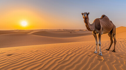 Camel in the desert, sharp dune contrast, sunset silhouette, detailed fur pattern
