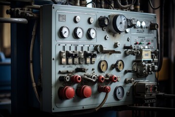 Boiler control panel featuring an array of controls and indicators in a busy factory backdrop